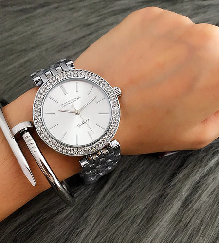 CONTENA Fashion Luxury Silver Watch Women Watches Rhinestone Women'S Watches Ladies Watch Stainless Steel Clock Reloj Mujer