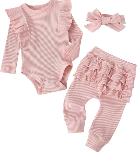 Baby Girl'S 3Pc Rib Frill Long Sleeve Romper and Pant Set