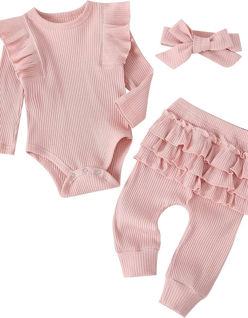 Load image into Gallery viewer, Baby Girl'S 3Pc Rib Frill Long Sleeve Romper and Pant Set
