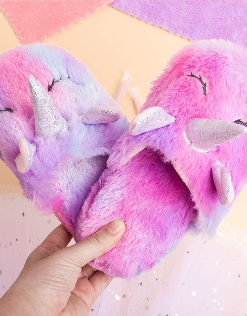 Load image into Gallery viewer, Rainbow Unicorn Slippers/Cute Fluffy Girls Slippers/Cozy Plush Indoor Outdoor Women Slippers/Best Unicorn Gifts
