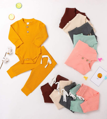 Winter Newborn Baby Boy Girl Clothes Set Ribbed Outfits Unisex Infant Solid Cotton Button Long Sleeve Tops Pants 2PCS