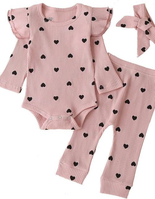 Load image into Gallery viewer, Baby Girl'S 3Pc Rib Frill Long Sleeve Romper and Pant Set
