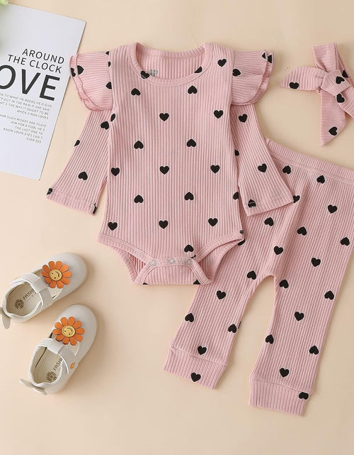 Load image into Gallery viewer, Baby Girl'S 3Pc Rib Frill Long Sleeve Romper and Pant Set
