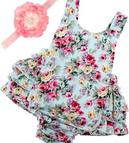 Baby Girl'S Floral Print Ruffles Romper Summer Clothes with Headband