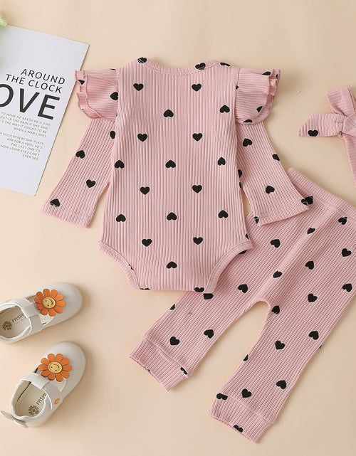 Load image into Gallery viewer, Baby Girl'S 3Pc Rib Frill Long Sleeve Romper and Pant Set
