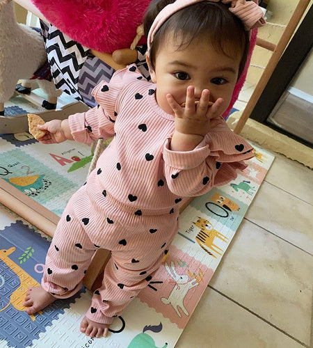 Baby Girl'S 3Pc Rib Frill Long Sleeve Romper and Pant Set