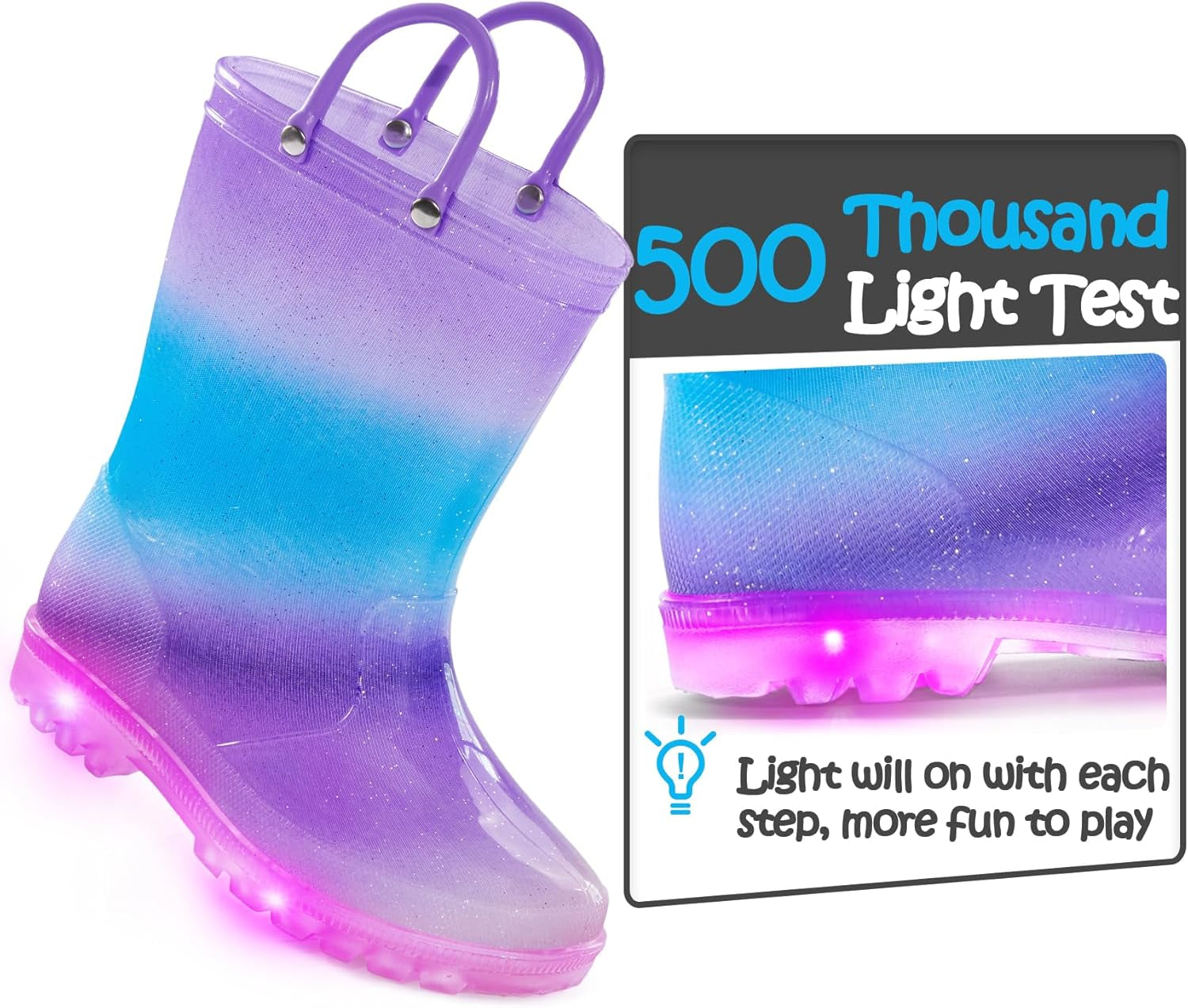 Kids Rain Boots, Waterproof Light up Boots with Easy-On Handles