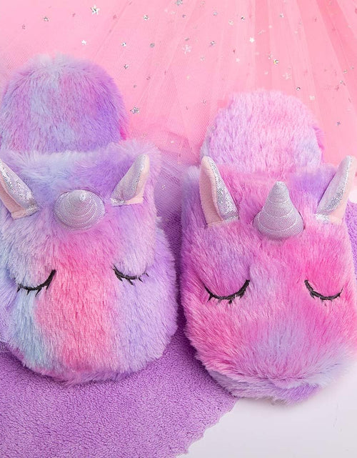 Load image into Gallery viewer, Rainbow Unicorn Slippers/Cute Fluffy Girls Slippers/Cozy Plush Indoor Outdoor Women Slippers/Best Unicorn Gifts
